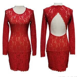 Express Red Lace Dress Womens Sz XS Open Back Mini Bodycon Sexy Date‎ Party